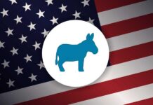 Democrat Sparks Fury With Prison Decision Blue donkey symbol on a background of the American flag