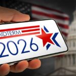 Judge Slams Trump Plan — 2026 Now Hinges Hand holding a smartphone displaying 'MIDTERM 2026' with a star and American flag in the background