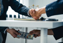 Media Empire Flooded With Dirty Cash?! Businessmen handshake while cash is passed under the table