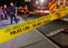 Tesla Trunk Horror Stuns LA Los Angeles police tape at night crime scene.