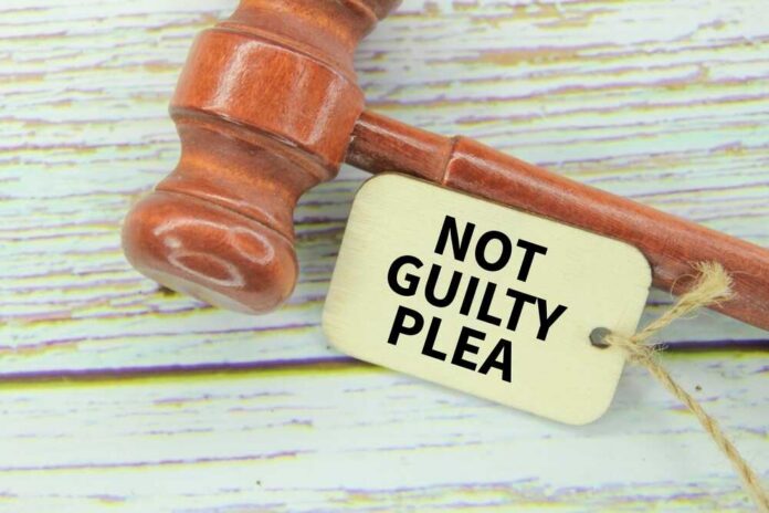 Judge's,Gavel,And,A,Wooden,Tag,With,The,Words,Not A wooden gavel next to a tag that reads 'NOT GUILTY PLEA'