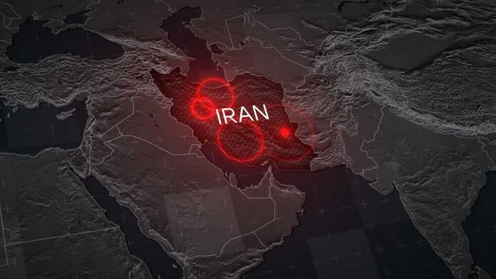 A,Detailed,Political,Map,Of,Iran,Showing,Its,Borders,And A digital map highlighting Iran with red circles