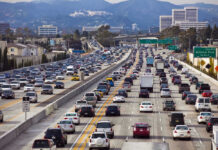 Heavy traffic on a multi-lane highway.