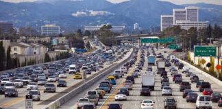 Heavy traffic on a multi-lane highway.