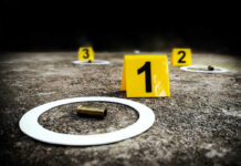Holiday Bloodbath: Kids Hit, Shooter Vanishes Crime scene with evidence markers and a bullet casing on the ground