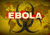 Biohazard symbol over world map referencing Ebola