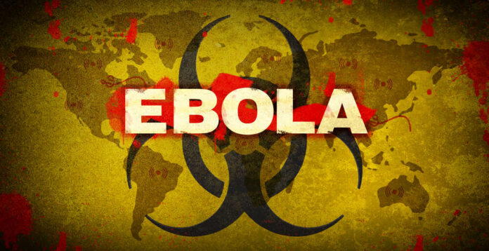 Ebola Biohazard symbol over world map referencing Ebola