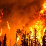 Firestorm Slams Spokane — Mass Evacuations Forest wildfire engulfs tall trees at night