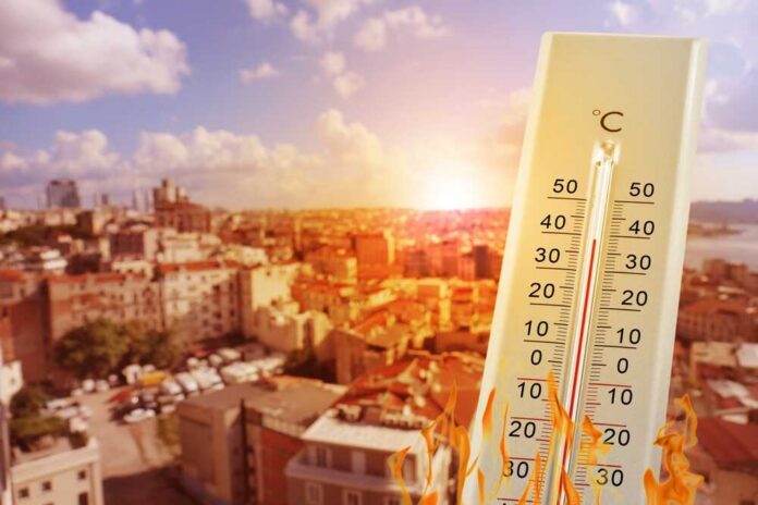 Thermometer,Showing,High,Temperature,Against,City,During,Hot,Day Thermometer displaying high temperature against a bright sun