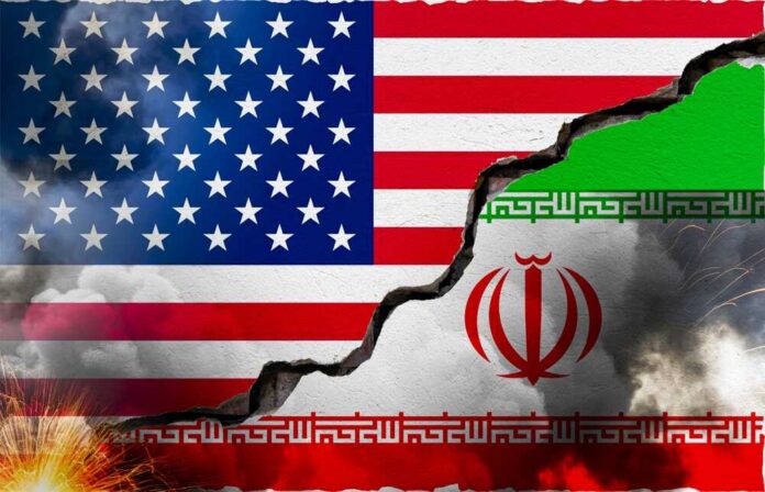 Flag,Of,The,United,States,And,Flag,Of,Iran,On A cracked wall displaying the flags of the USA and Iran, symbolizing conflict
