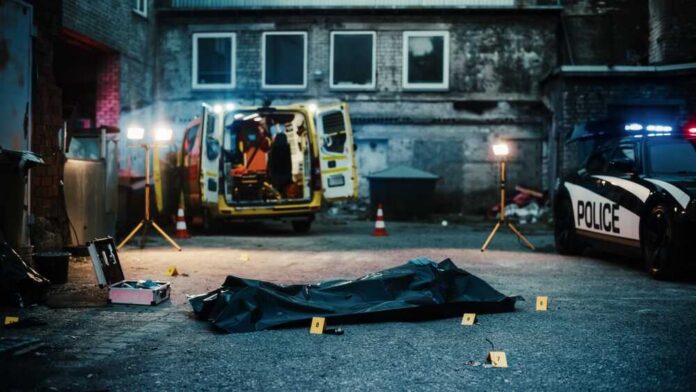 Police investigation at a crime scene with a covered body and evidence markers