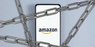 Close-up of an Amazon-branded shipping box tape on a cardboard box