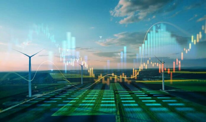 Green,Energy,In,Full,Development.increase,In,Electricity,Prices,On,The A digital representation of wind turbines with overlaid financial data graphs