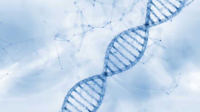 Abstract,Modern,Bright,Blu,Dna,Chain,Illustration. Illustration of a DNA double helix on a blue background
