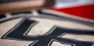 Close-up of a fabric featuring a swastika