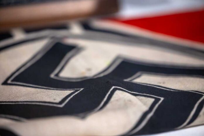 Close-up of a fabric featuring a swastika