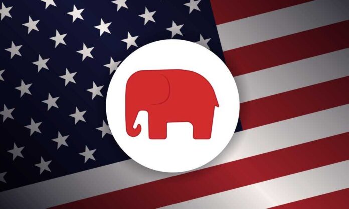 shutterstock_2500579155 Red elephant icon on a background of the American flag