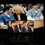 courtroom scenes on a screen with two defendants and a lawyer