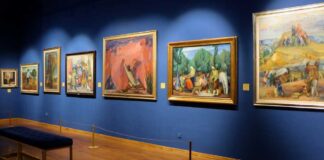 Art gallery showcasing various colorful paintings on a blue wall