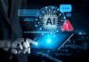 Robot hand holding tablet with AI interface and warning icon
