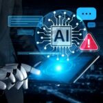 Robot hand holding tablet with AI interface and warning icon