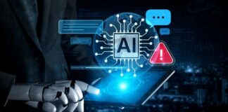 Robot hand holding tablet with AI interface and warning icon