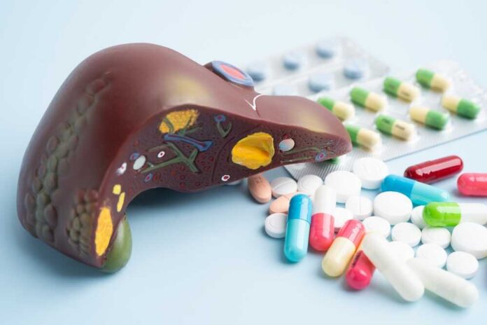 Liver,Model,With,Pill,Drug,Treatment,,Cirrhosis,,Liver,Cancer,,Fatty An anatomical model of a liver surrounded by various pills and medications