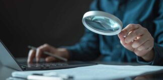 Person using a magnifying glass while working on a laptop