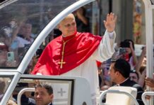Catholic clergyman in red vestments waving from a popemobile