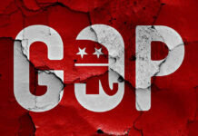 Trump Ally: GOP Doomed Cracked GOP logo on a red background.