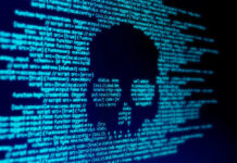 Patient Data Hit: Portal Breached Skull silhouette in blue computer code background.