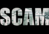 The word 'SCAM' formed by a background of a dollar bill