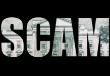 The word 'SCAM' formed by a background of a dollar bill