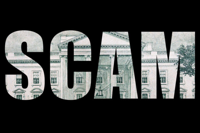 The word 'SCAM' formed by a background of a dollar bill