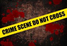 Bedroom Horror Stuns State Yellow caution tape reading 'CRIME SCENE DO NOT CROSS' over a dark, blood-splattered background