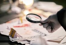 Campus Alert After Grisly Trail Pattern Gloved hand holding a magnifying glass over scattered forensic documents