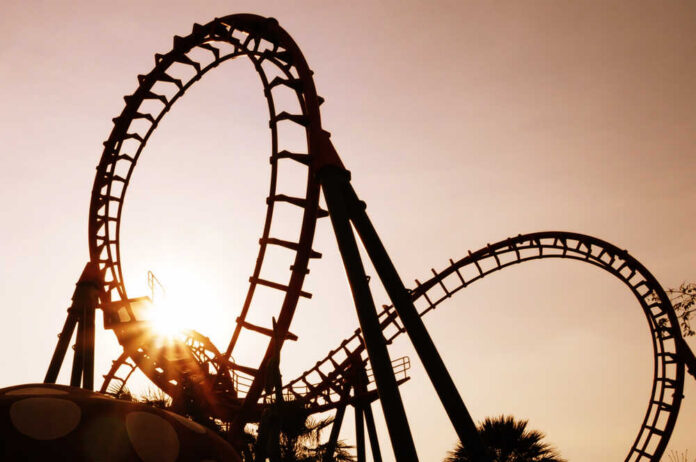 Blurred,Roller,Coaster,Ride,In,Amusement,Park,At,Evening Roller coaster loops at sunset